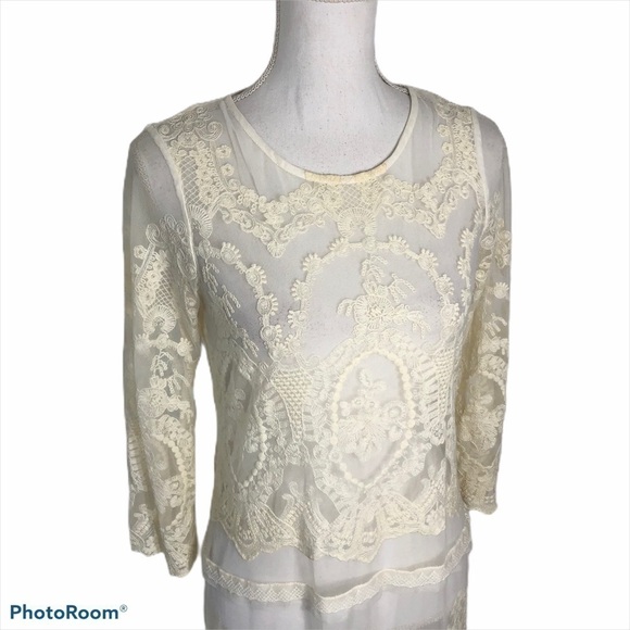 Zara Ivory Lace Long Sleeve Midi Dress Sz Medium - Picture 2 of 9